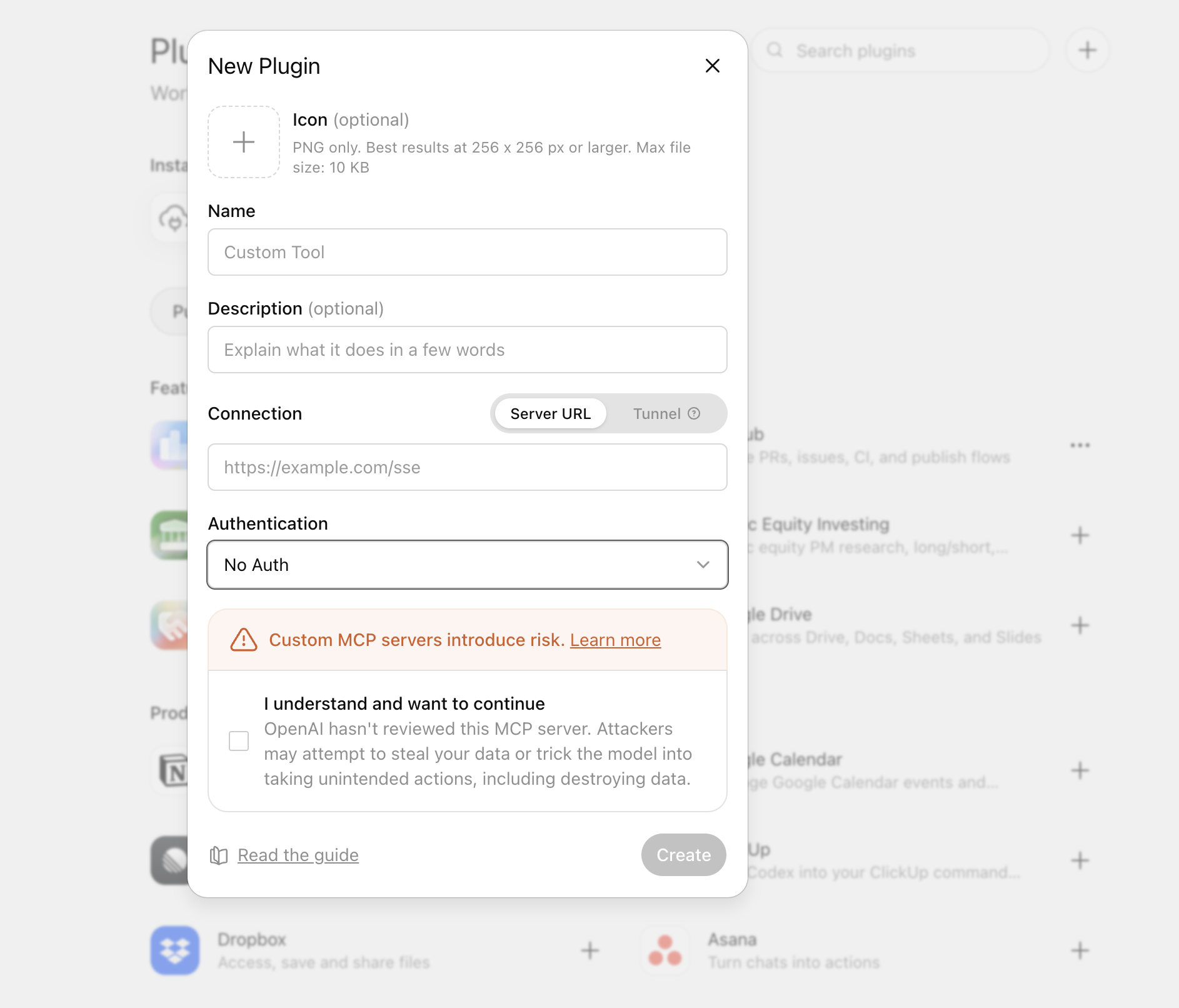 The ChatGPT New Plugin dialog with Server URL selected and fields for the plugin name, description, endpoint, and authentication