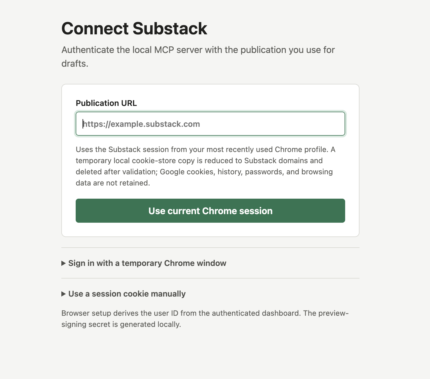 The local Connect Substack page with a publication URL field and a Use current Chrome session button